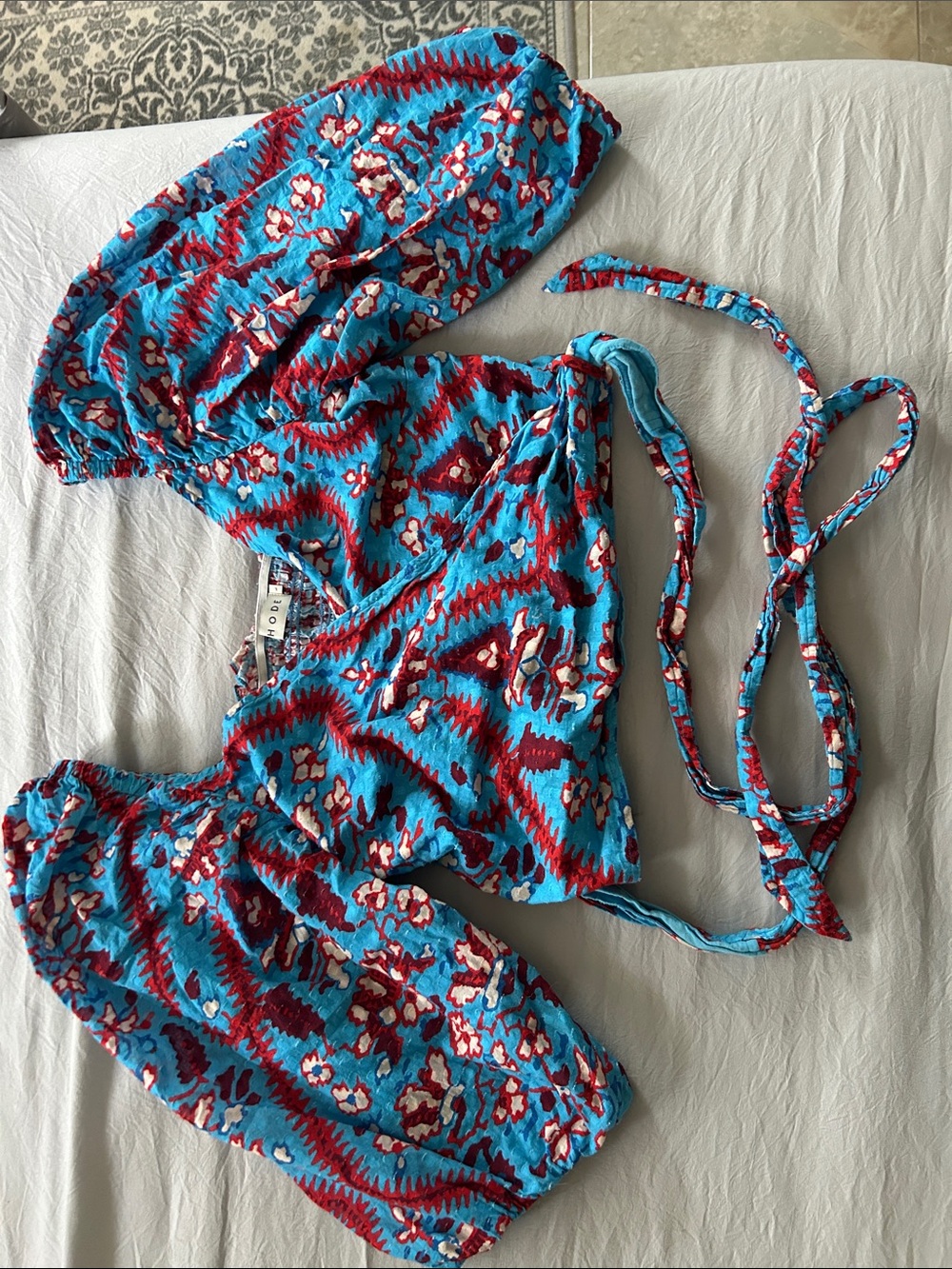 RHODE Blue and Red Floral Tie-Front Crop Top